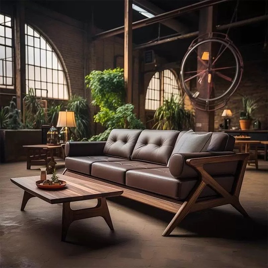 Прямой диван Cooper темный орех, дерево, кожа, 200*80*70 см