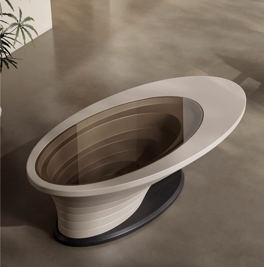 Журнальный стол Abyss, светлый, современный, овальный, 130х65х37 см, стеклянный для дома, офиса, гостиной.