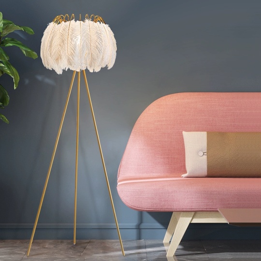 Торшер белый, золото Lumo, 45*45*160 см, светодиодный, E27, металл, перо, 20 Вт