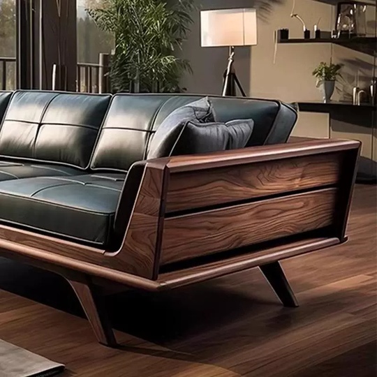 Прямой диван Thomas темный орех, дерево, кожа, 240*80*70 см