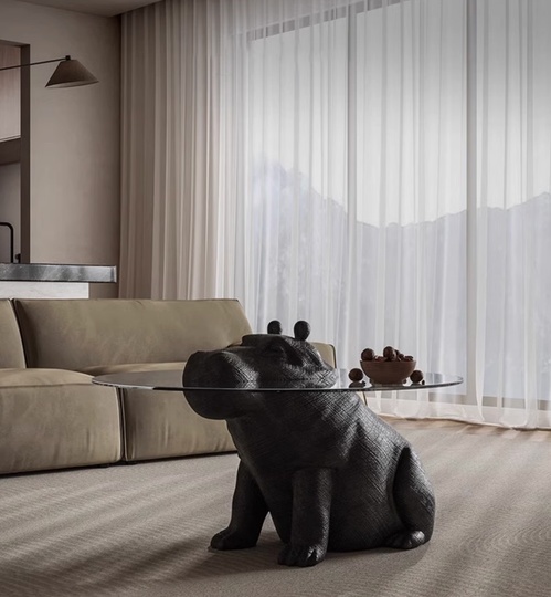 Журнальный стол бегемот, черный, закаленное стекло, 110*110*65 см