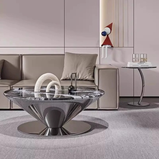 Журнальный стол круглый, серый 90*38*90 см, камень, металл - в итальянском стиле