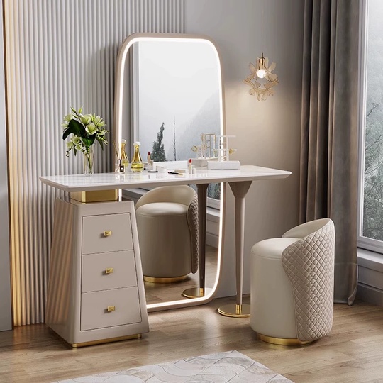 Дизайнерский туалетный стол, бежевый глянец, 100*76*40 см, искусственный камень, 3 ящика