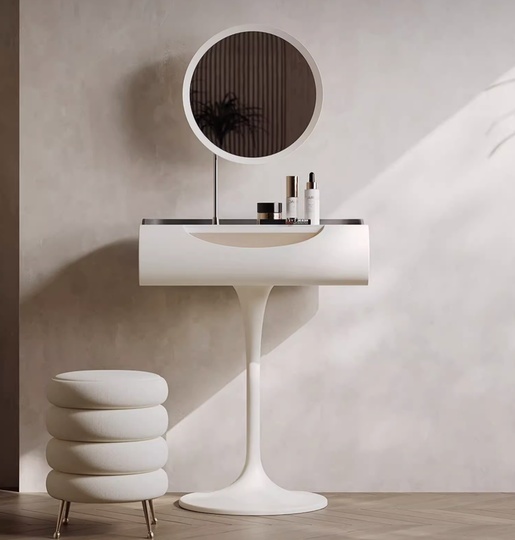 Туалетный стол сливочный 80*77*45,8 см, массив дерева, 1 ящик, с пуфом и зеркалом