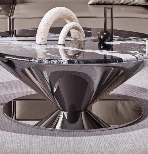 Журнальный стол круглый, серый 90*38*90 см, камень, металл - в итальянском стиле